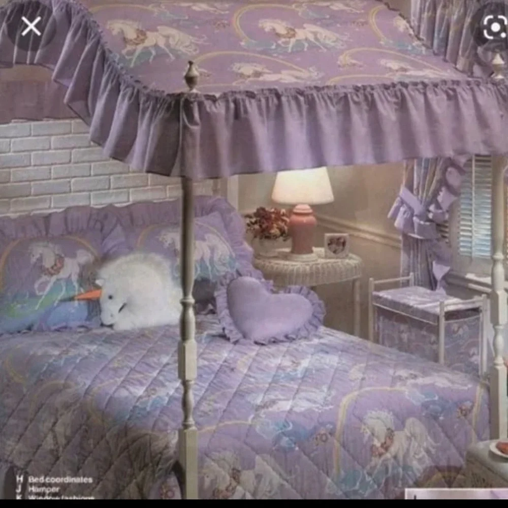 VTG Unicorn Rainbow Sears Young-At-Heart 4-Piece Ruffle Sham Pillowcase Set FLAW